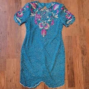 Vintage 80s Leslie Fay Beaded Sequined 100% Silk Dress